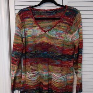 Multi-Color Striped Knit Sweater with Front Pockets, Size XL